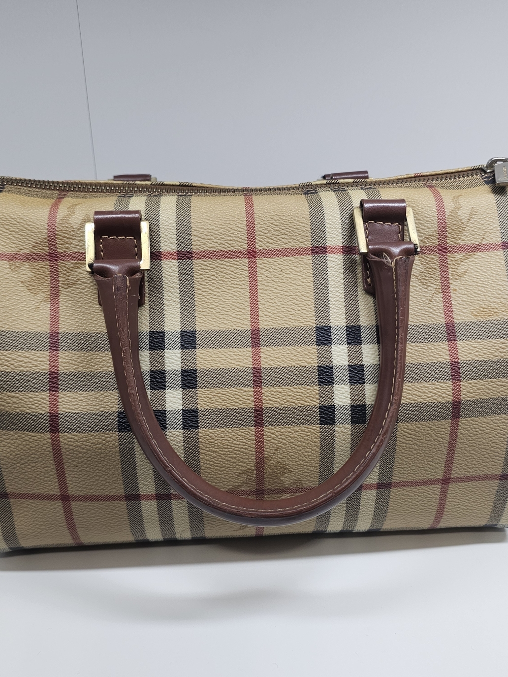 Burberry Beige Plaid Satchel with Brown Leather Handles